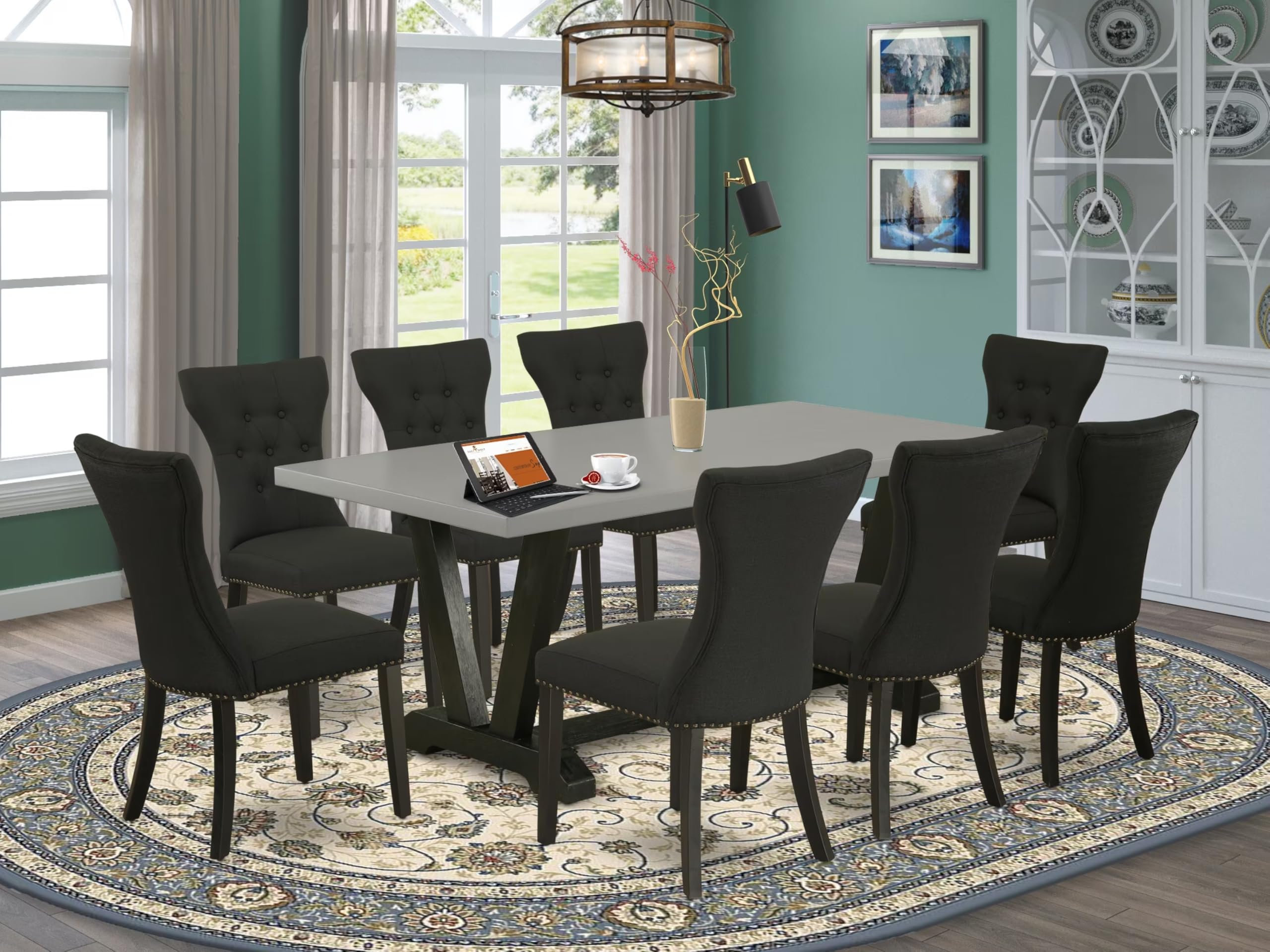 East West Furniture V697Ga124-9 9 Piece Dining Room Table Set Includes A Rectangle Kitchen Table With V-Legs And 8 Black Linen Fabric Parson Dining Chairs, 40X72 Inch, Multi-Color